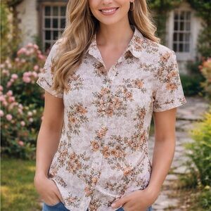 Y2K Claudia Richard Floral Button Down Shirt - Cream and Orange
